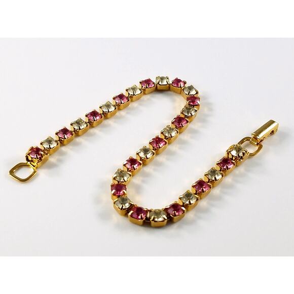 Vintage Trifari Pink Clear Rhinestone Tennis Bracelet,  Gold Plated, 1980s - Picture 5 of 10